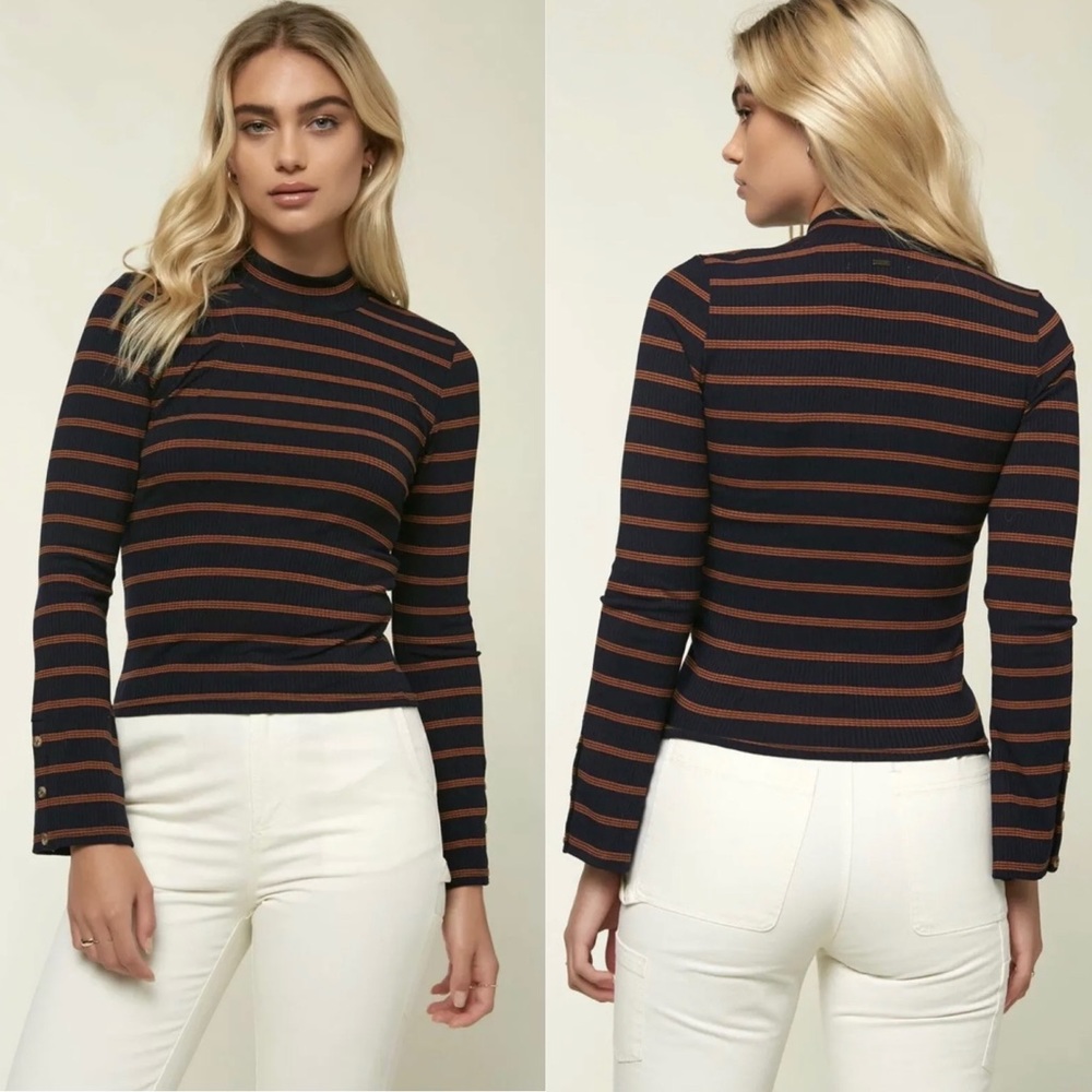 O’Neill Roberts Long Sleeve Ribbed Mock Neck Top Navy Orange Size XS